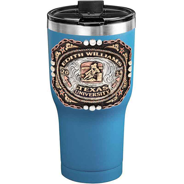 A customized tumbler made of stainless steel with a personalized engraved name and Texas University lettering with barrel racing figure, 30 oz, ideal for coffee or cool drinks